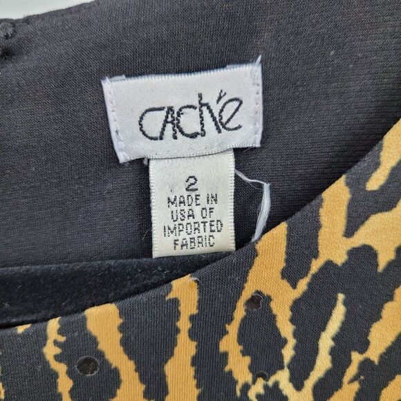 Vintage 80's Cache Mini Dress 2 Black Animal Leopard Long Sleeve Tunic Shift Mod - Picture 4 of 12